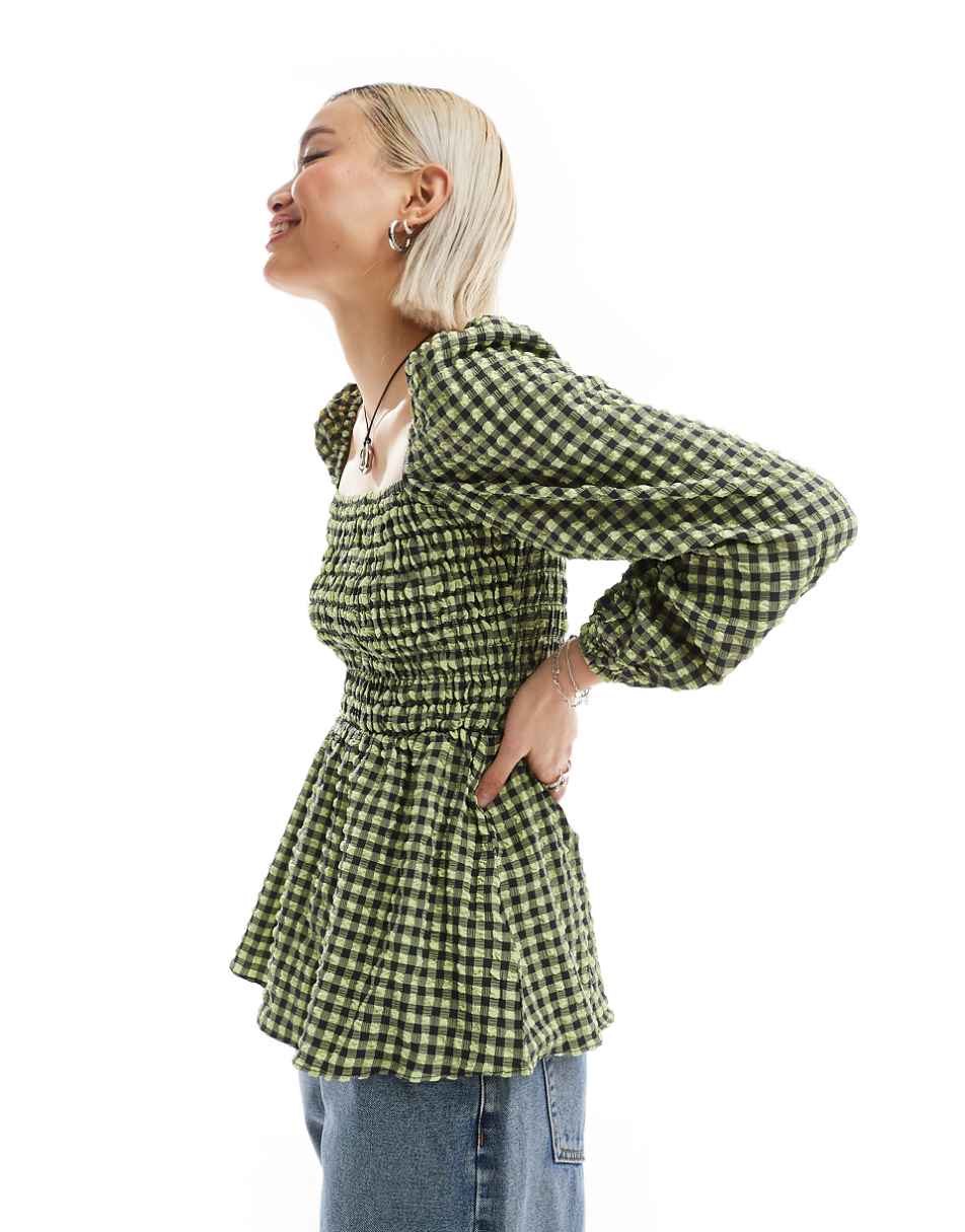 Glamorous square neck volume sleeve shirred blouse in gingham