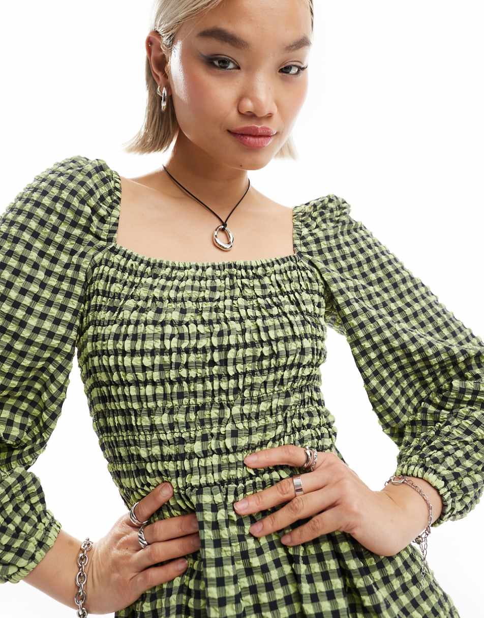Glamorous square neck volume sleeve shirred blouse in gingham