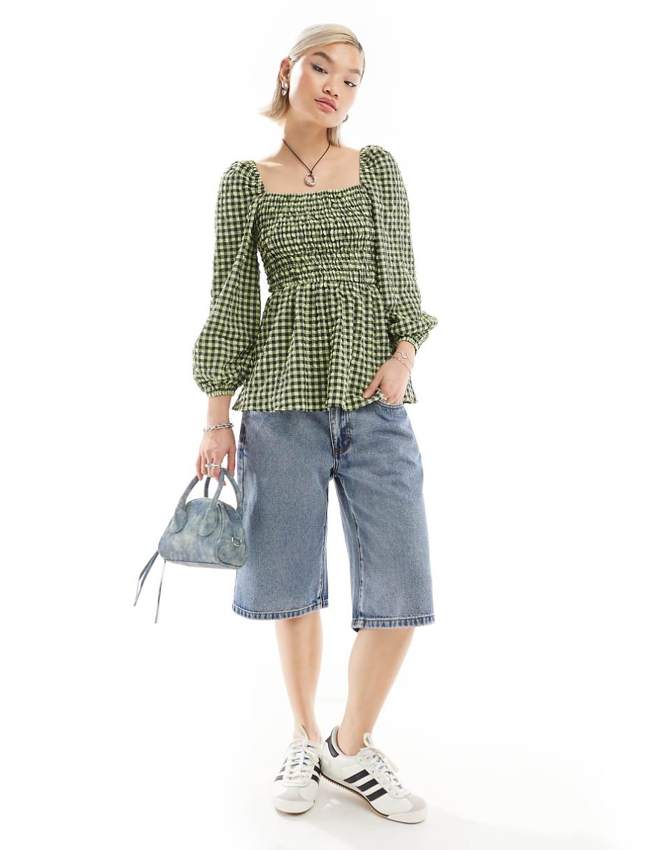Glamorous square neck volume sleeve shirred blouse in gingham