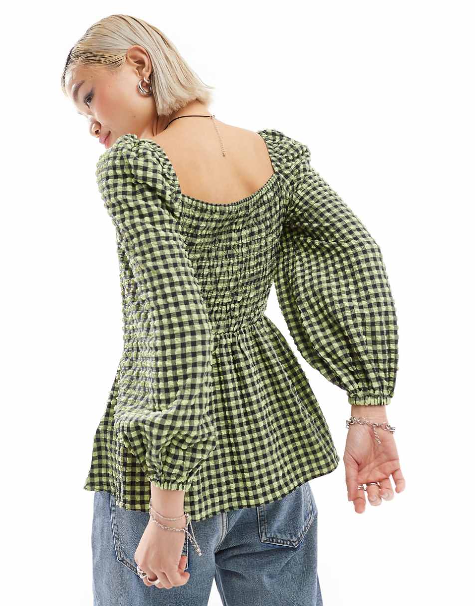 Glamorous square neck volume sleeve shirred blouse in gingham