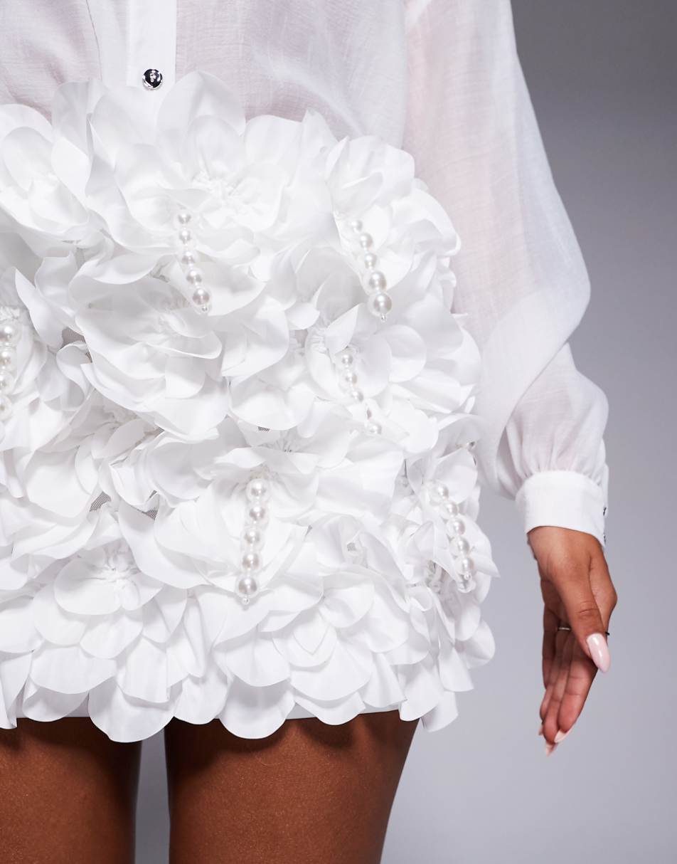 ASOS LUXE 3D floral ruffle micro mini skirt with drop pearl embellishment in white