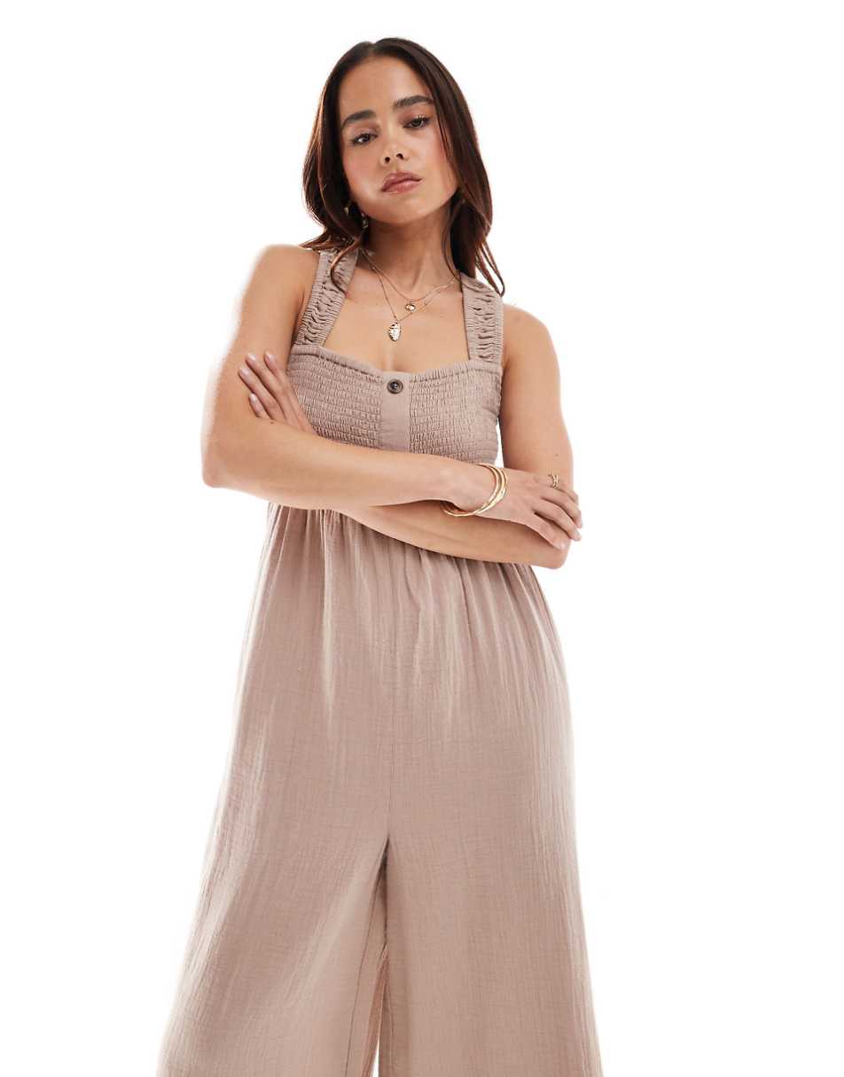 ASOS DESIGN shirred bodice jumpsuit with elastic straps in charcoal