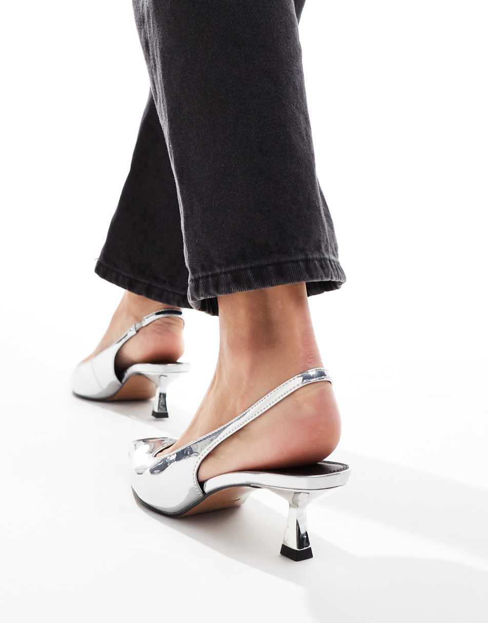 ASOS DESIGN Wide Fit Stroll slingback kitten heel shoes in silver