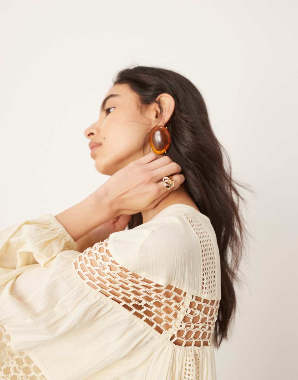 ASOS EDITION crochet trim drop waist blouson sleeve trapeze maxi dress in buttermilk