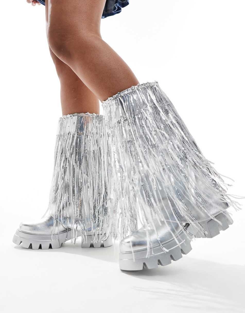 Azalea Wang Cyndra tassel chunky boots in silver