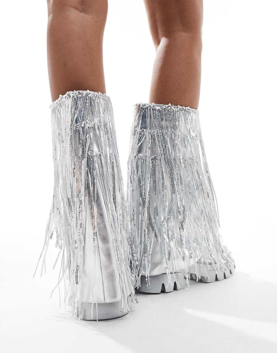 Azalea Wang Cyndra tassel chunky boots in silver