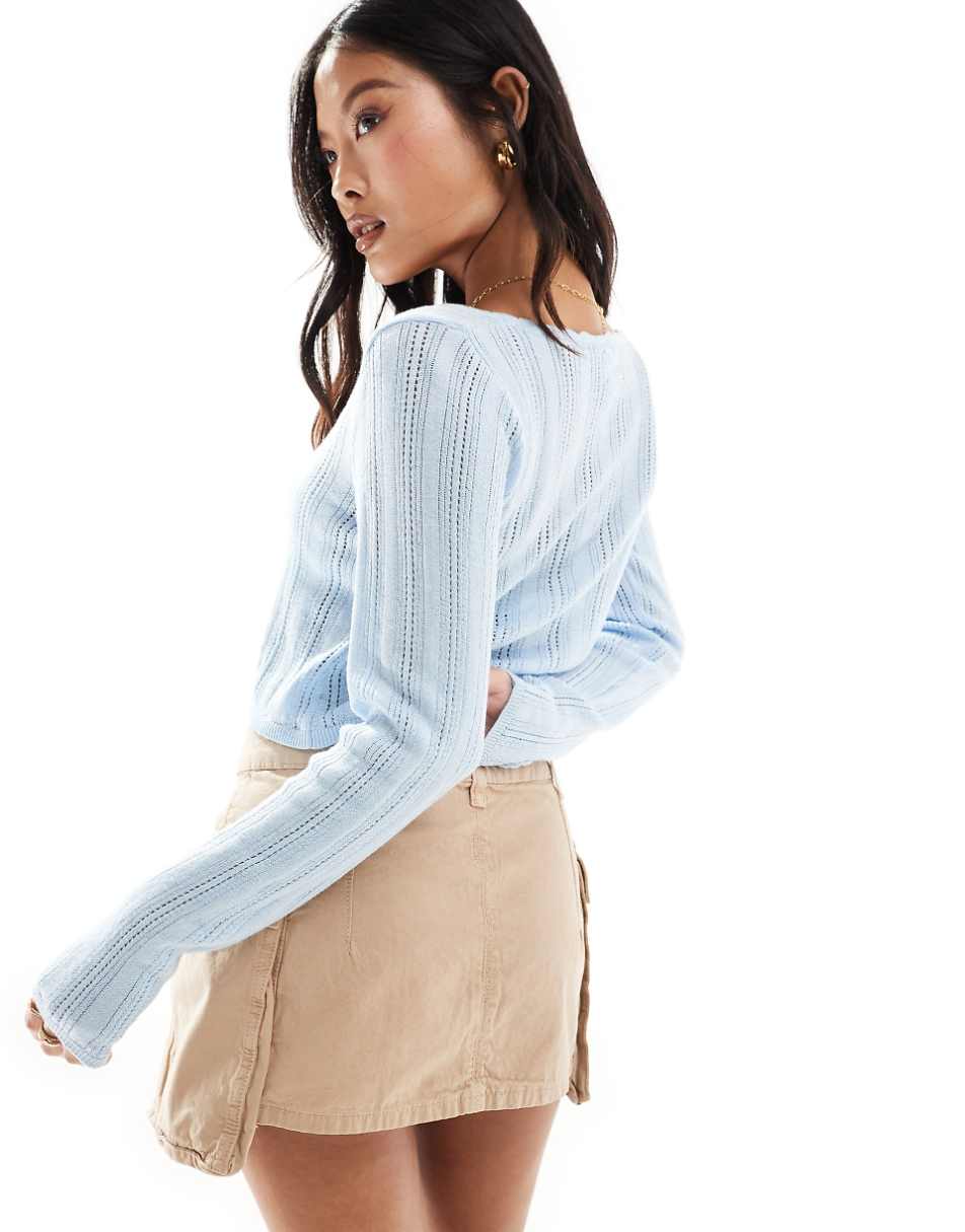 ASOS DESIGN Petite tie front pointelle crop cardigan in baby blue