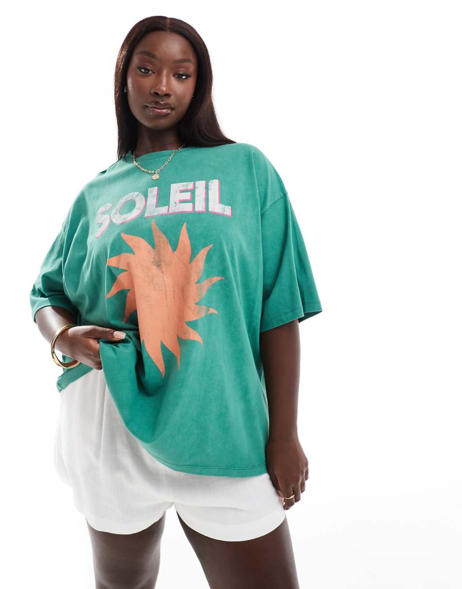 ASOS DESIGN Curve oversized T-shirt with soleil graphic in washed green
