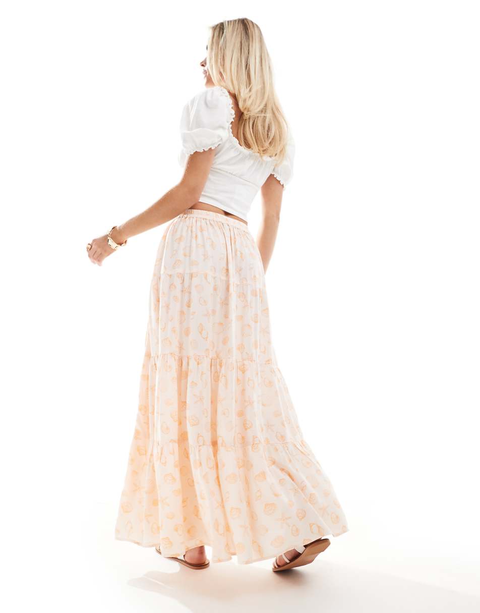 Miss Selfridge Petite button detail tiered maxi skirt in seashells print
