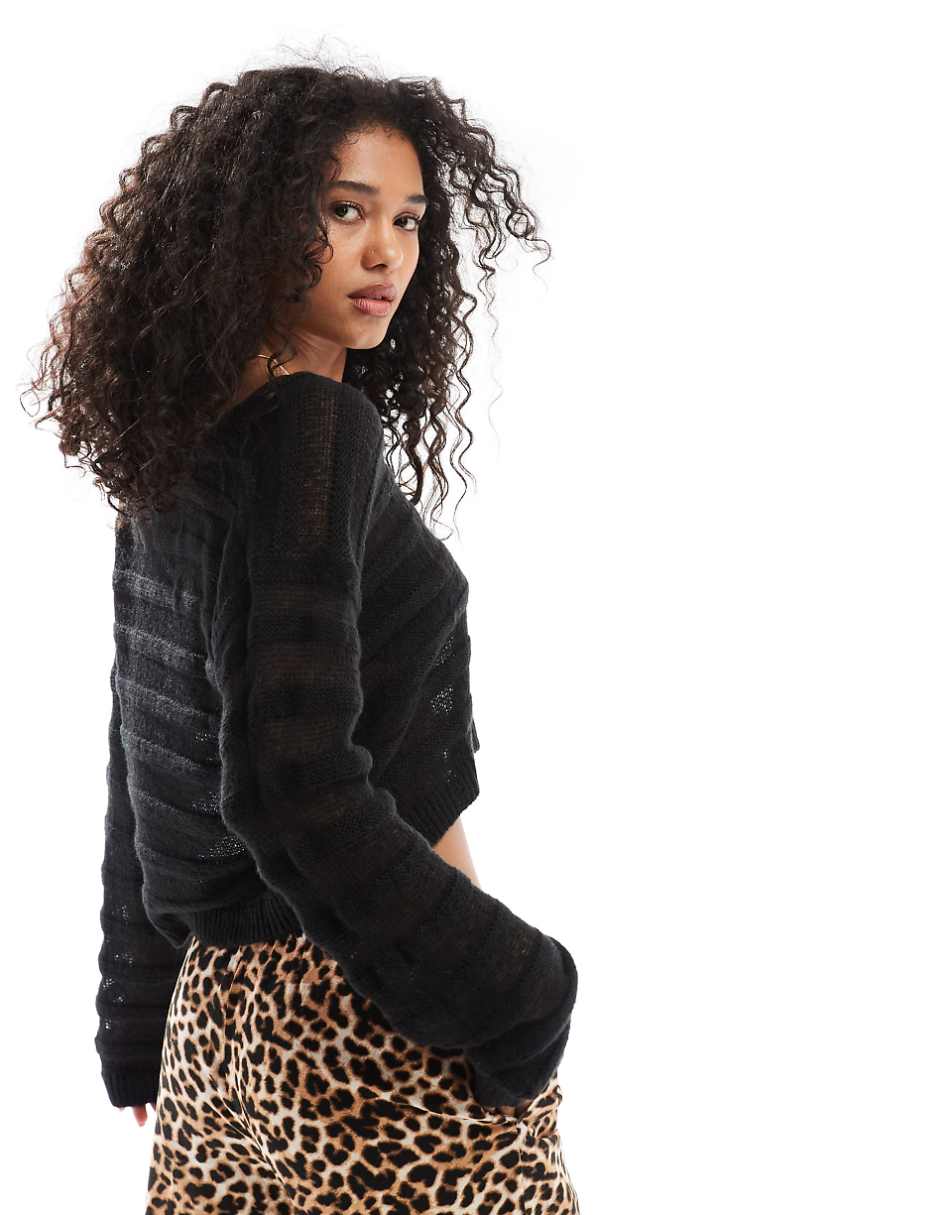 Miss Selfridge thick and thin knit V neck sweater in black