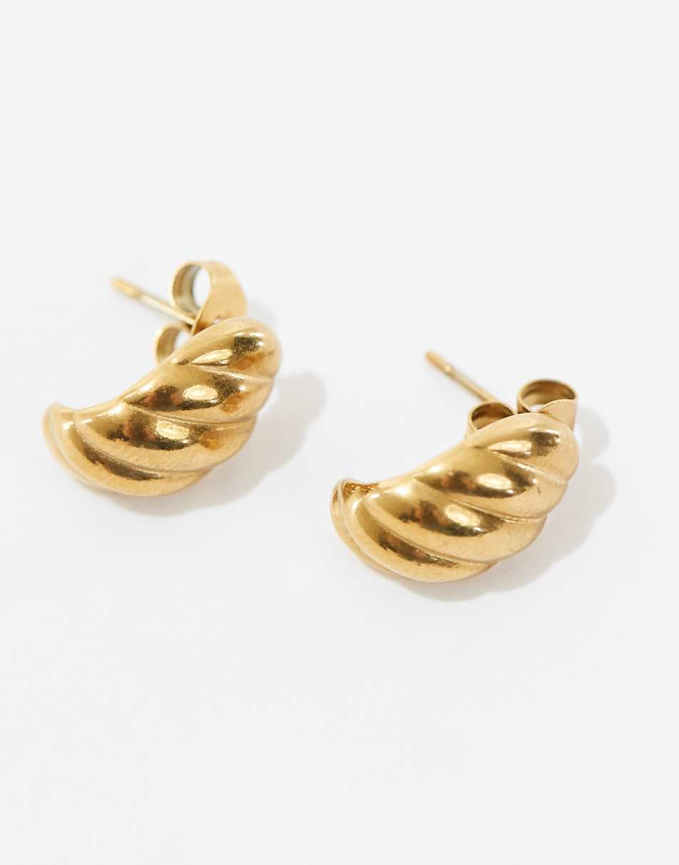 ASOS DESIGN waterproof stainless steel stud earrings with ridged curved design in gold tone