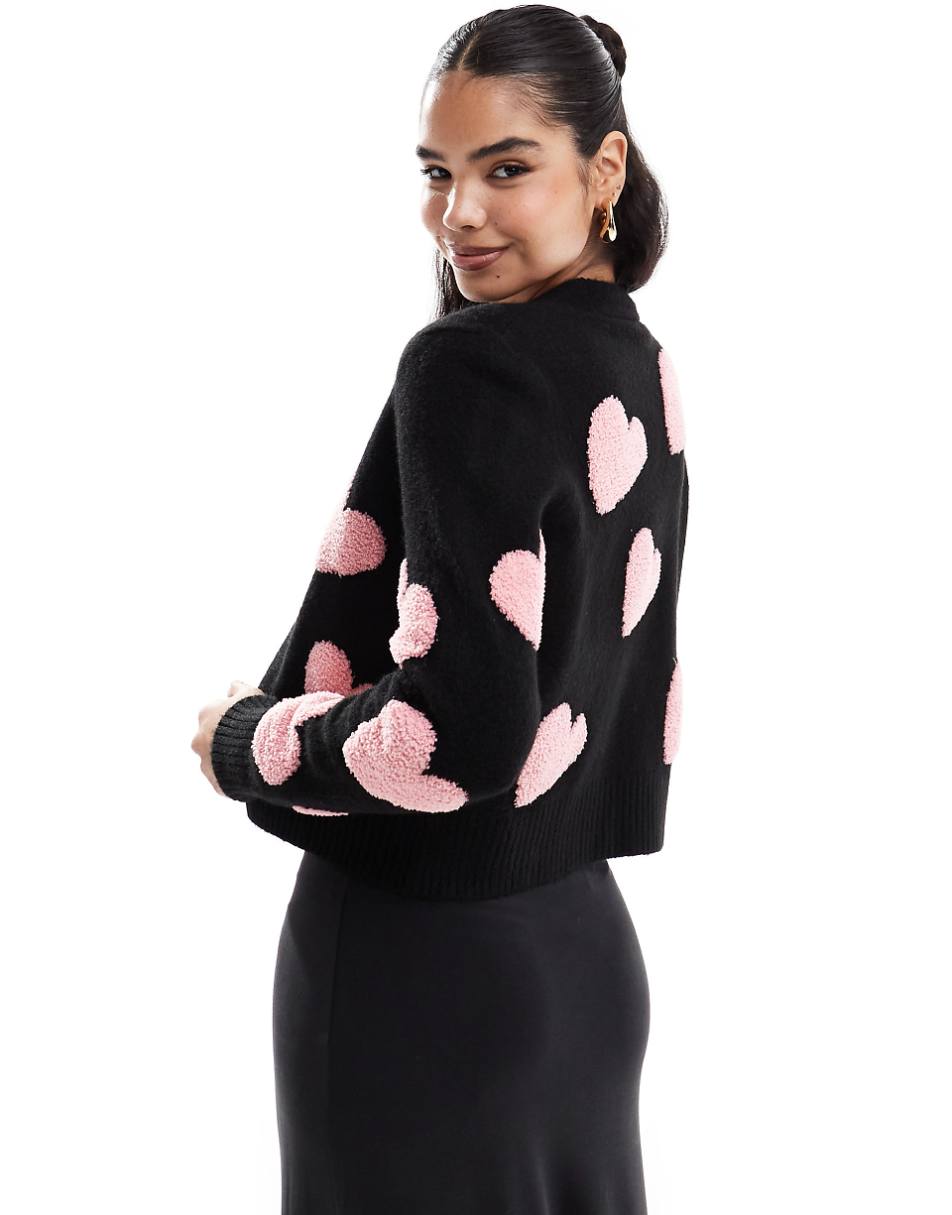 Miss Selfridge textured heart cardigan in black with pink hearts