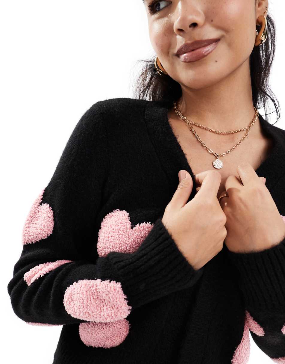 Miss Selfridge textured heart cardigan in black with pink hearts