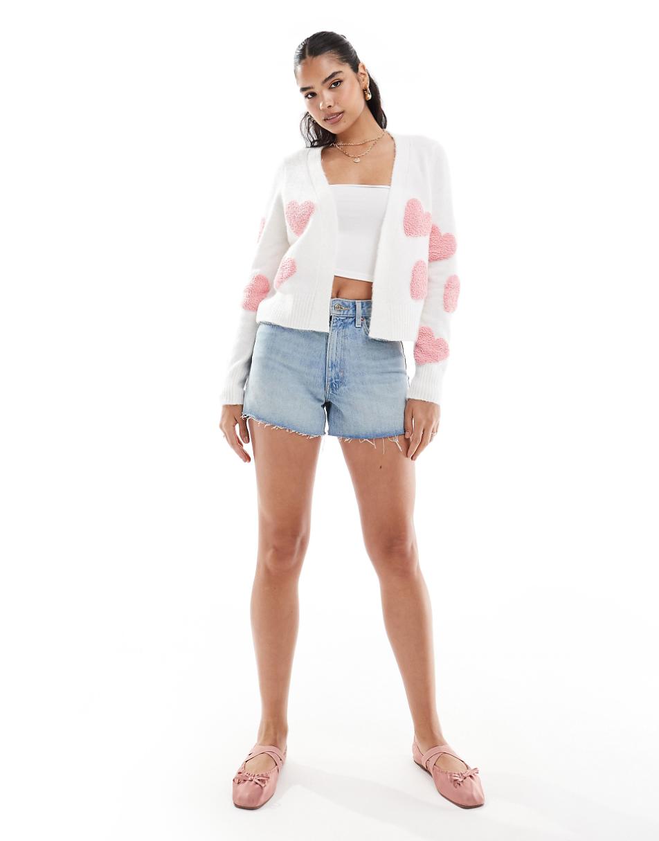 Miss Selfridge textured heart cardigan in cream with pink hearts