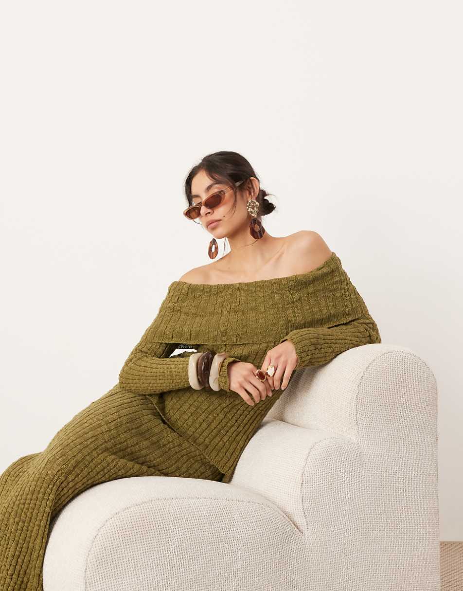 ASOS EDITION knit bardot layered long sleeve top in green - part of a set