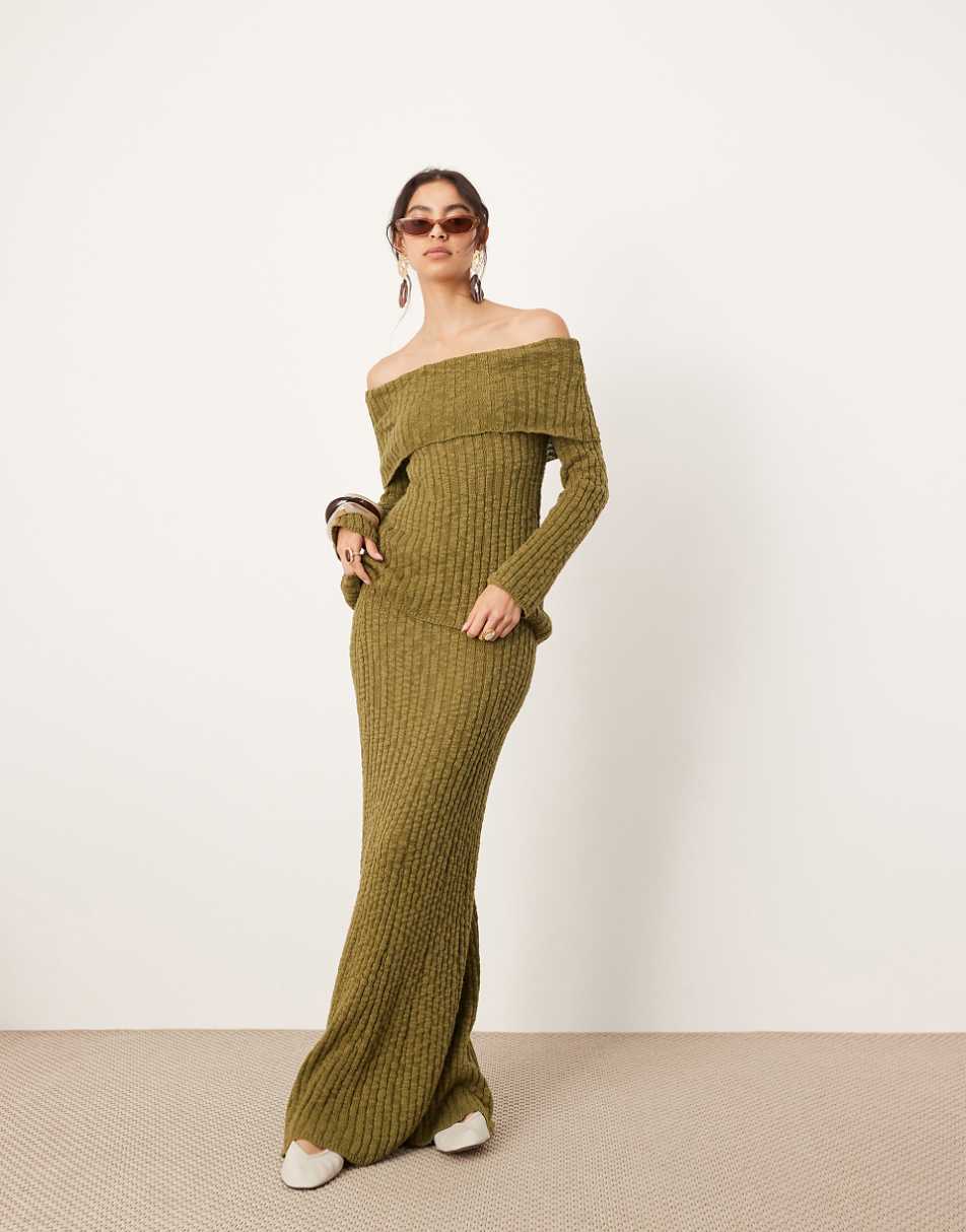 ASOS EDITION knit bardot layered long sleeve top in green - part of a set