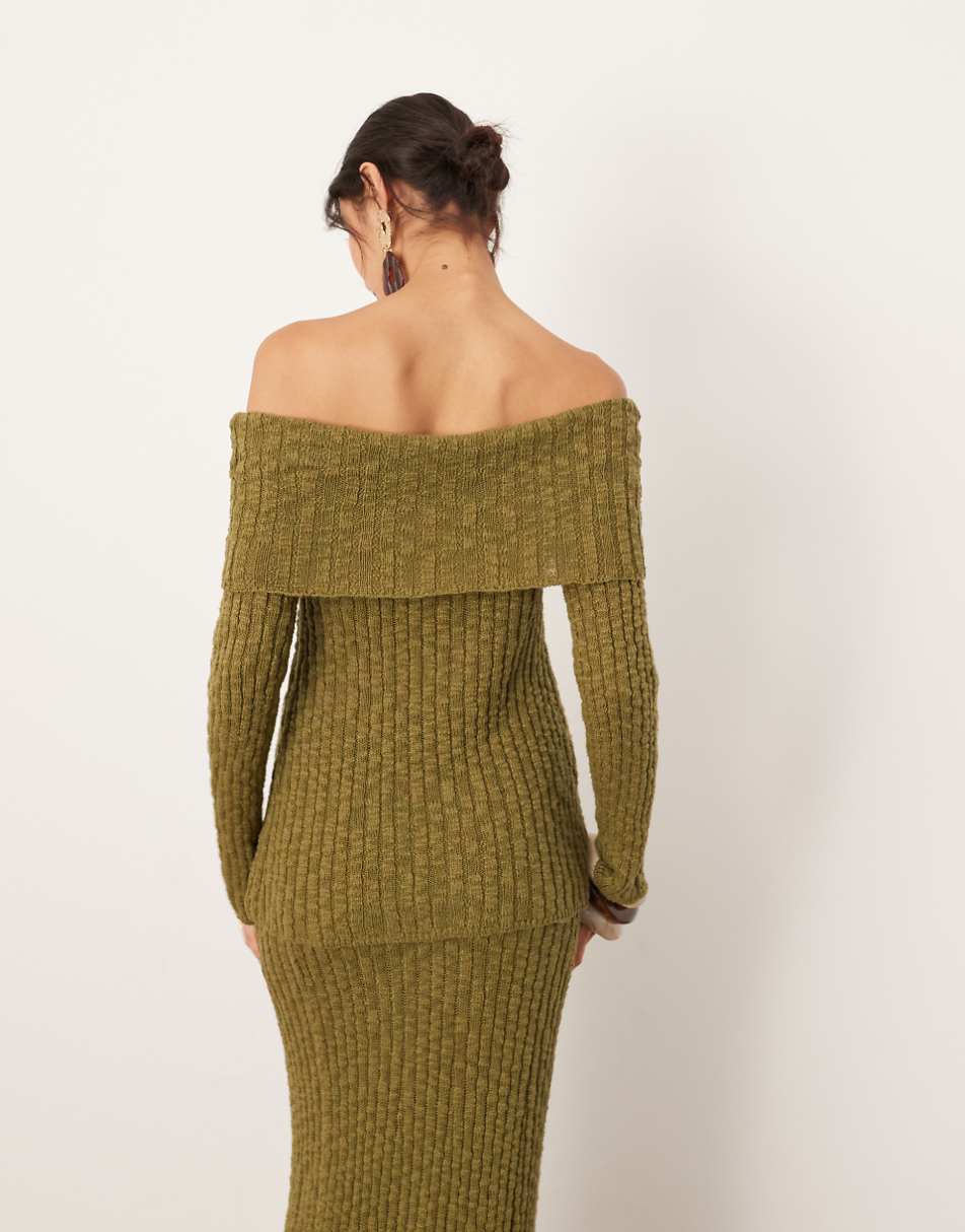 ASOS EDITION knit bardot layered long sleeve top in green - part of a set