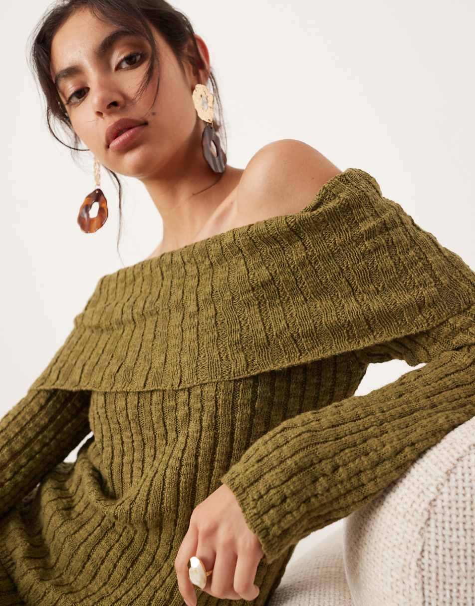 ASOS EDITION knit bardot layered long sleeve top in green - part of a set