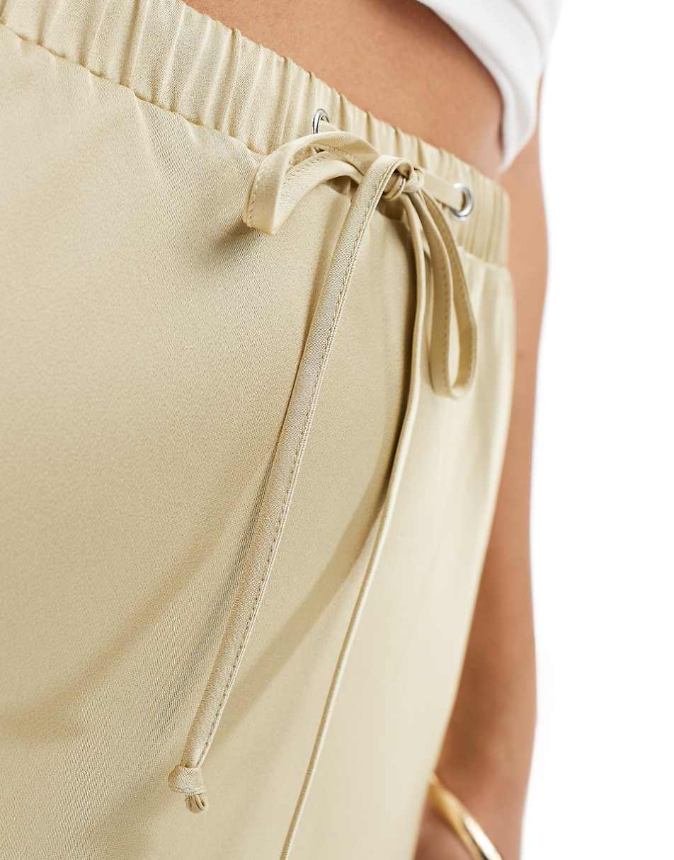 ASOS DESIGN satin bias cut tie waist maxi skirt in light khaki