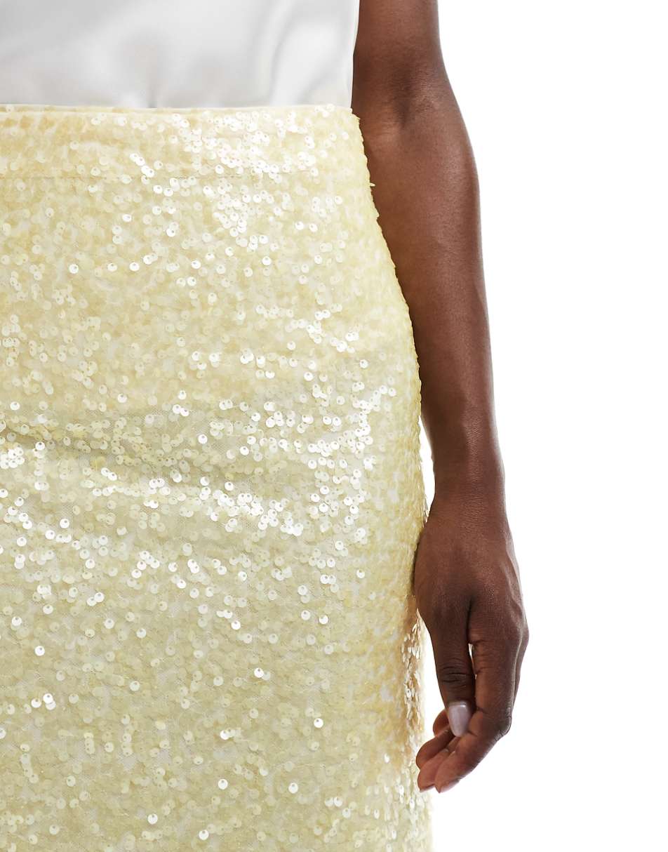 ASOS DESIGN sequin midi skirt in pastel yellow
