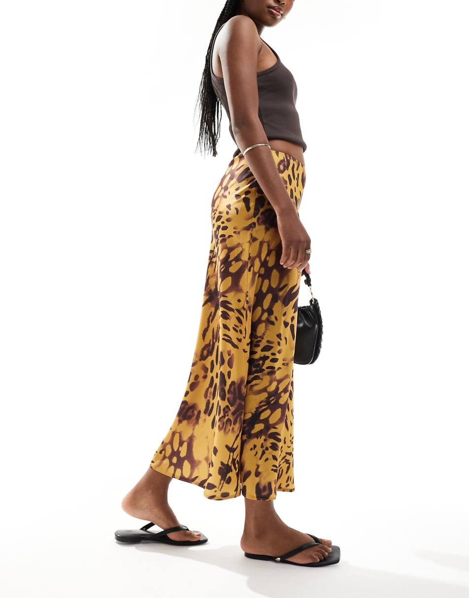 ASOS DESIGN satin bias midi skirt in brown mixed animal print