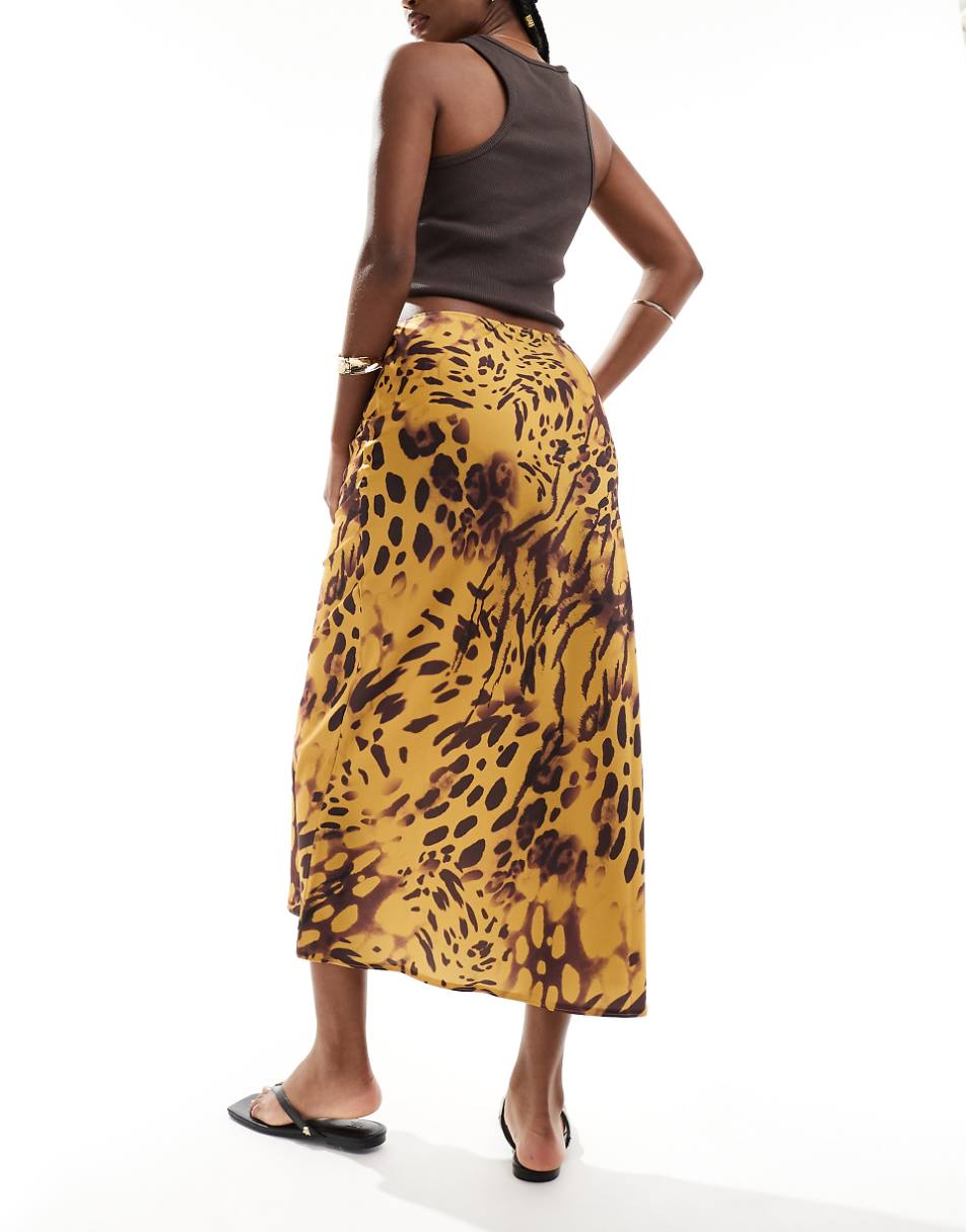ASOS DESIGN satin bias midi skirt in brown mixed animal print