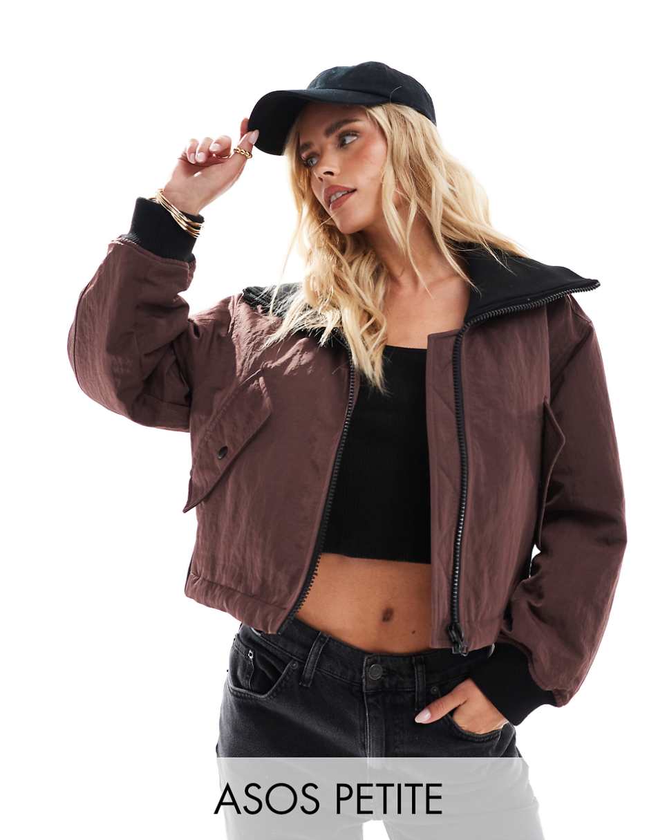 ASOS DESIGN Petite ribbed collar casual jacket in chocolate
