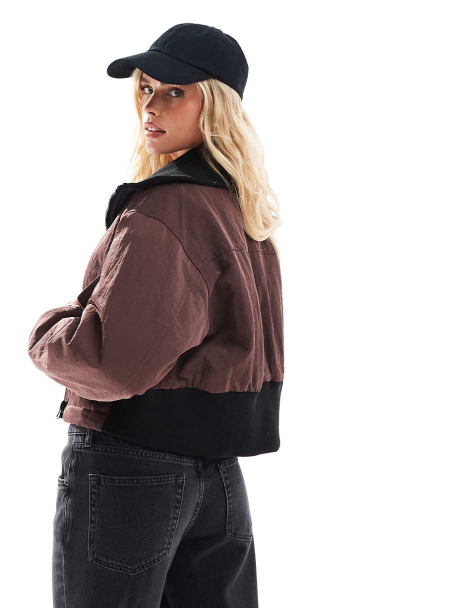 ASOS DESIGN Petite ribbed collar casual jacket in chocolate