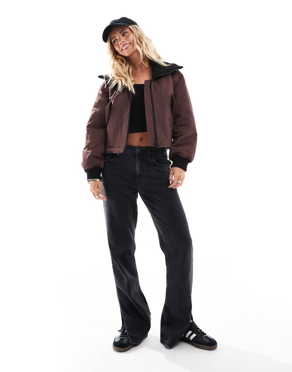ASOS DESIGN Petite ribbed collar casual jacket in chocolate