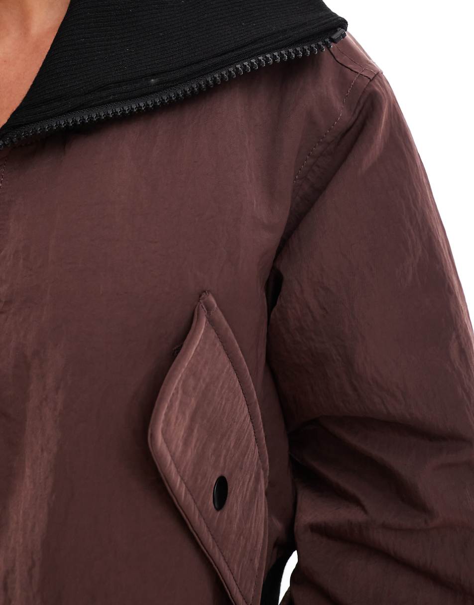 ASOS DESIGN Petite ribbed collar casual jacket in chocolate