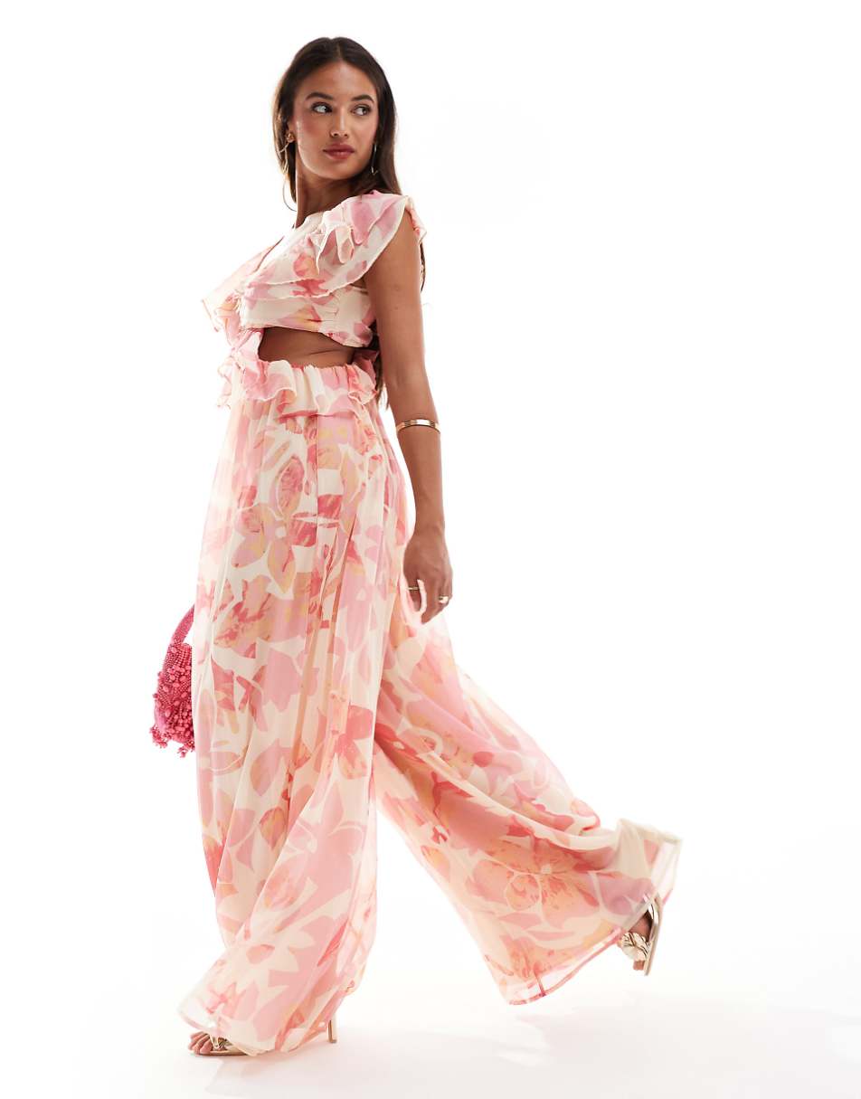 ASOS DESIGN ruffle off the shoulder cut out wide leg jumpsuit