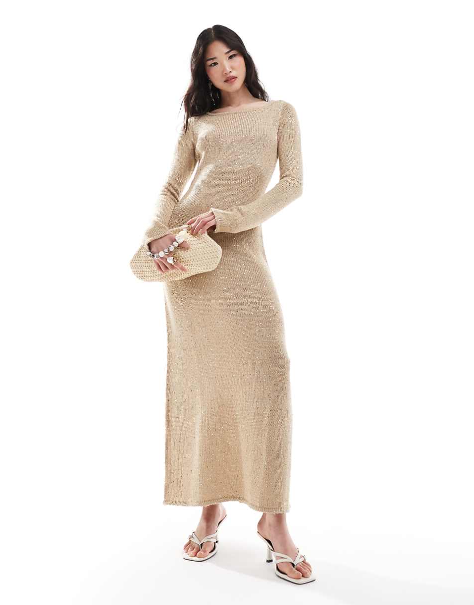 Pretty Lavish sequin long sleeve knit maxi dress in champagne gold