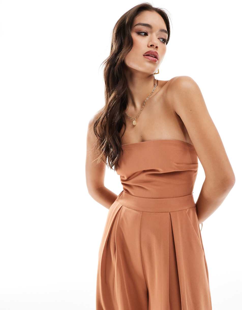 Pretty Lavish strapless jumpsuit with pockets in sienna brown