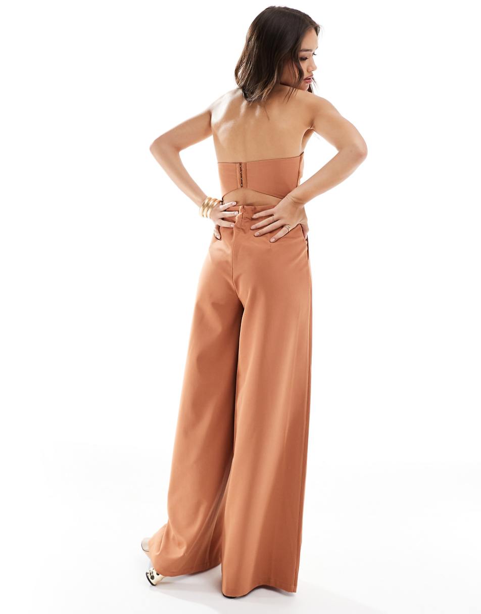 Pretty Lavish strapless jumpsuit with pockets in sienna brown
