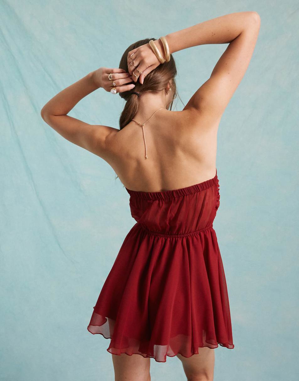 Miss Selfridge beach textured chiffon tie front romper in red