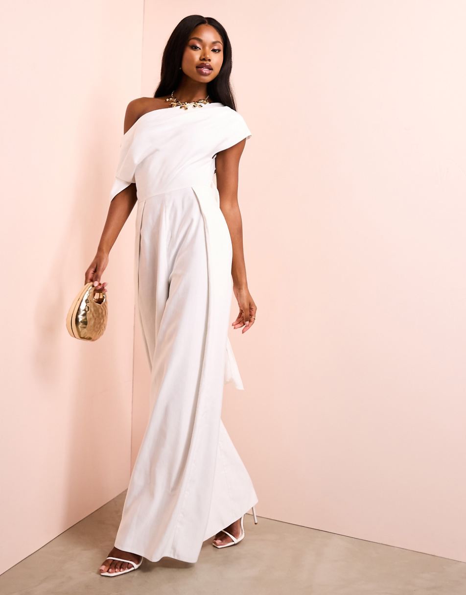 ASOS Luxe drop shoulder jumpsuit with bow back in cream