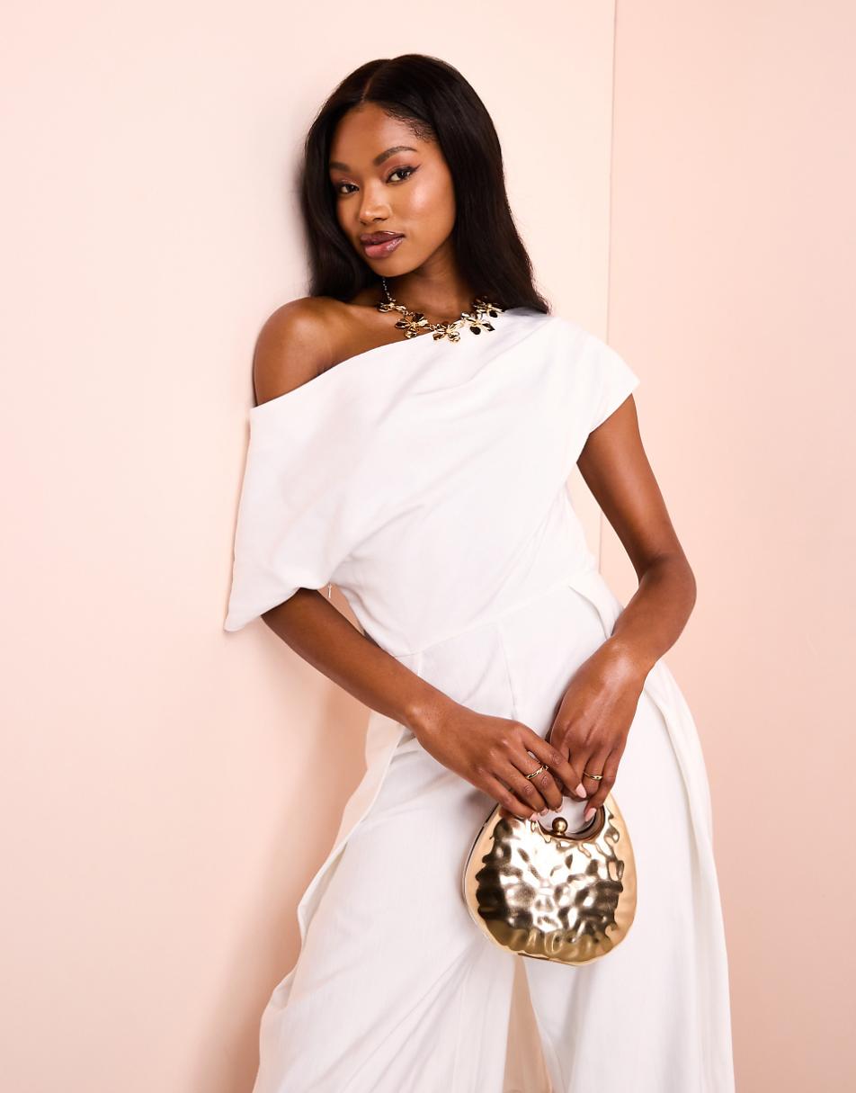 ASOS Luxe drop shoulder jumpsuit with bow back in cream