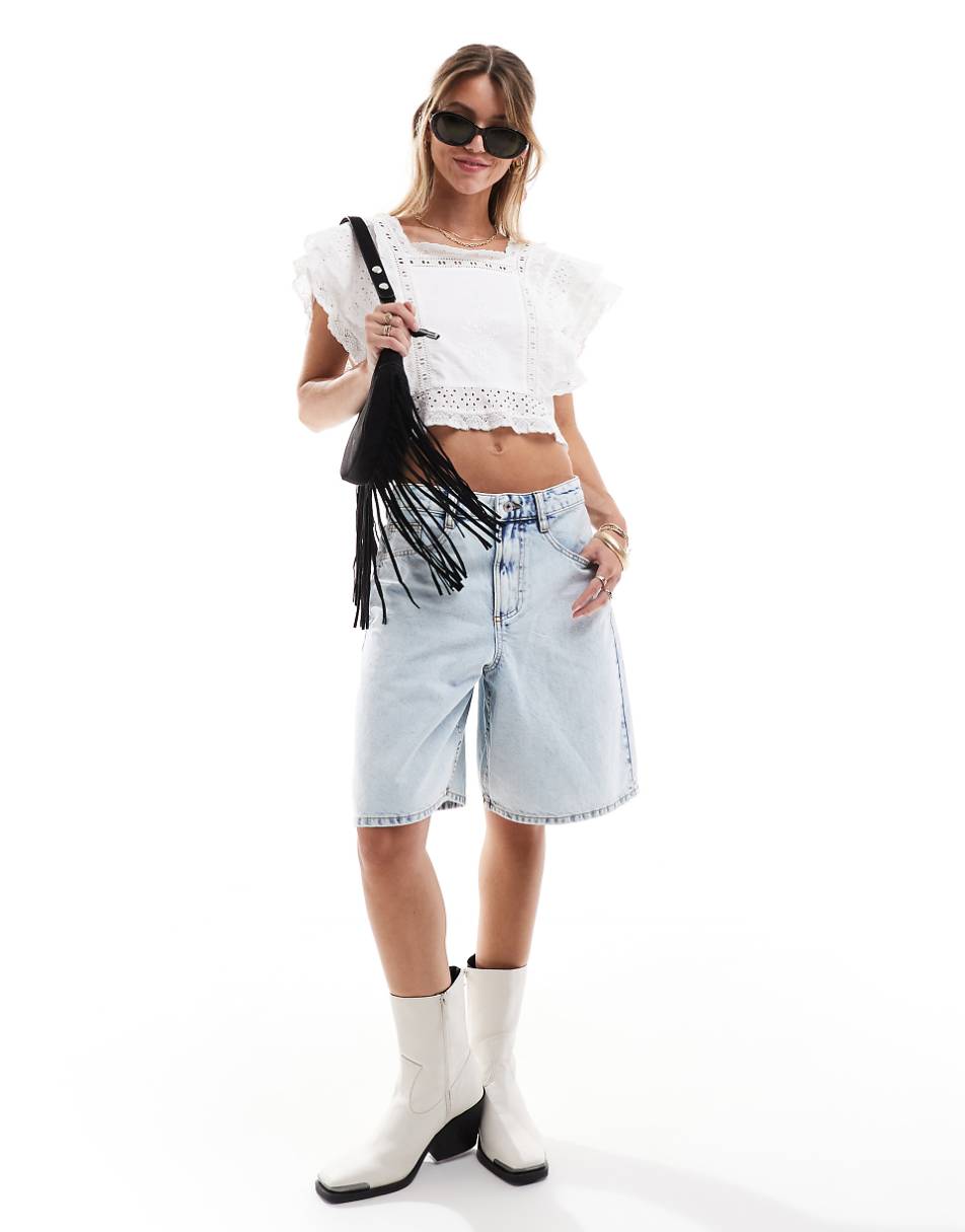 Miss Selfridge festival eyelet lace trim angel sleeve top in ivory