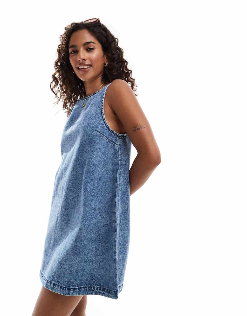 ASOS DESIGN Petite denim boat neck shift dress in midwash blue