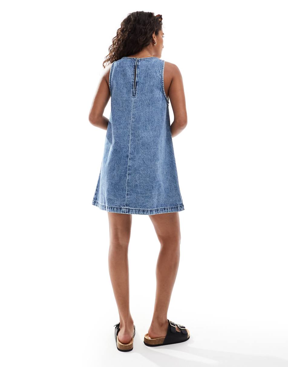 ASOS DESIGN Petite denim boat neck shift dress in midwash blue