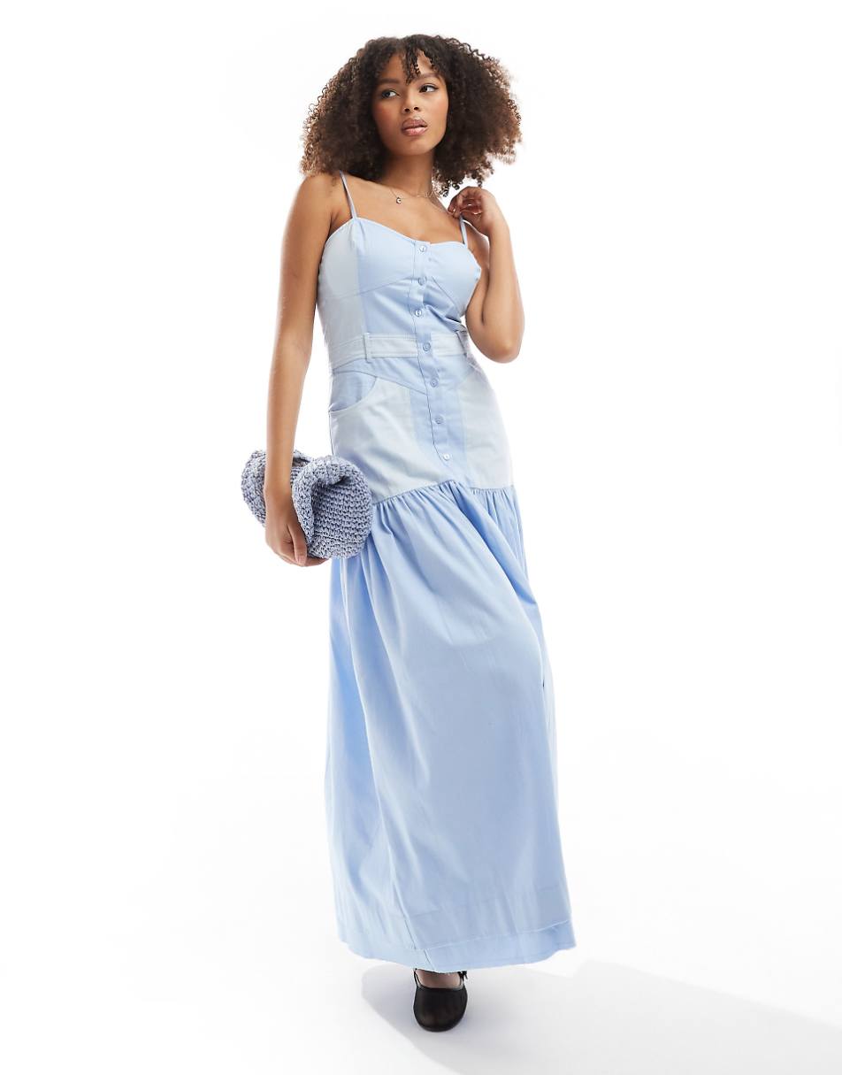 ASOS DESIGN ultimate paneled denim-look tiered maxi dress in blue