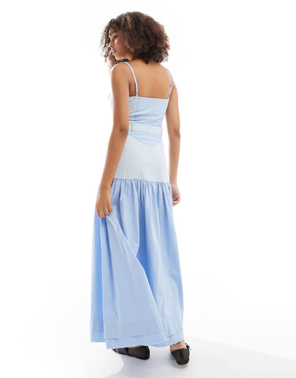 ASOS DESIGN ultimate paneled denim-look tiered maxi dress in blue