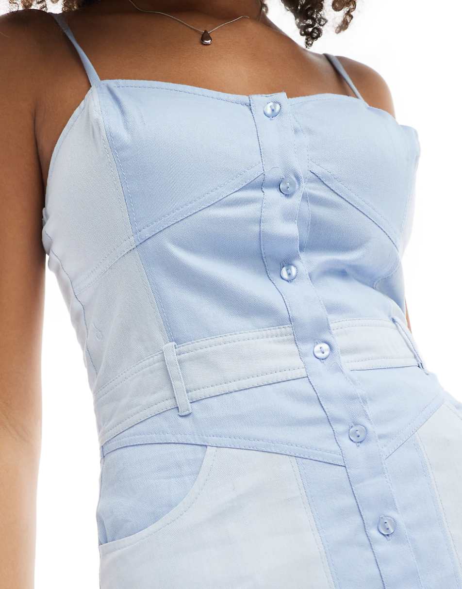 ASOS DESIGN ultimate paneled denim-look tiered maxi dress in blue