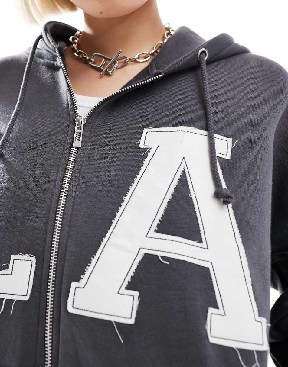 Daisy Street oversized charcoal applique zip up hoodie