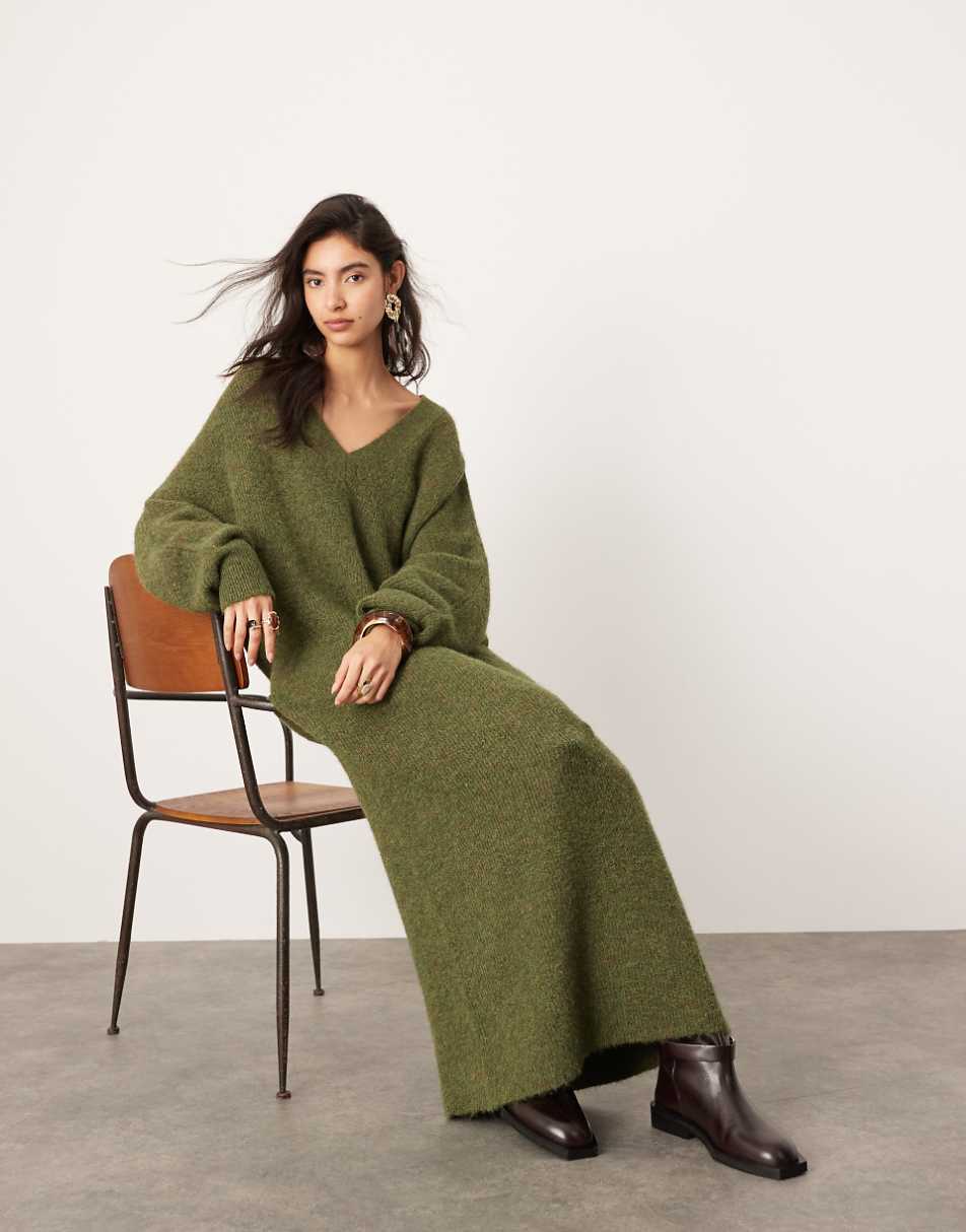 ASOS EDITION knit v neck maxi dress in khaki green
