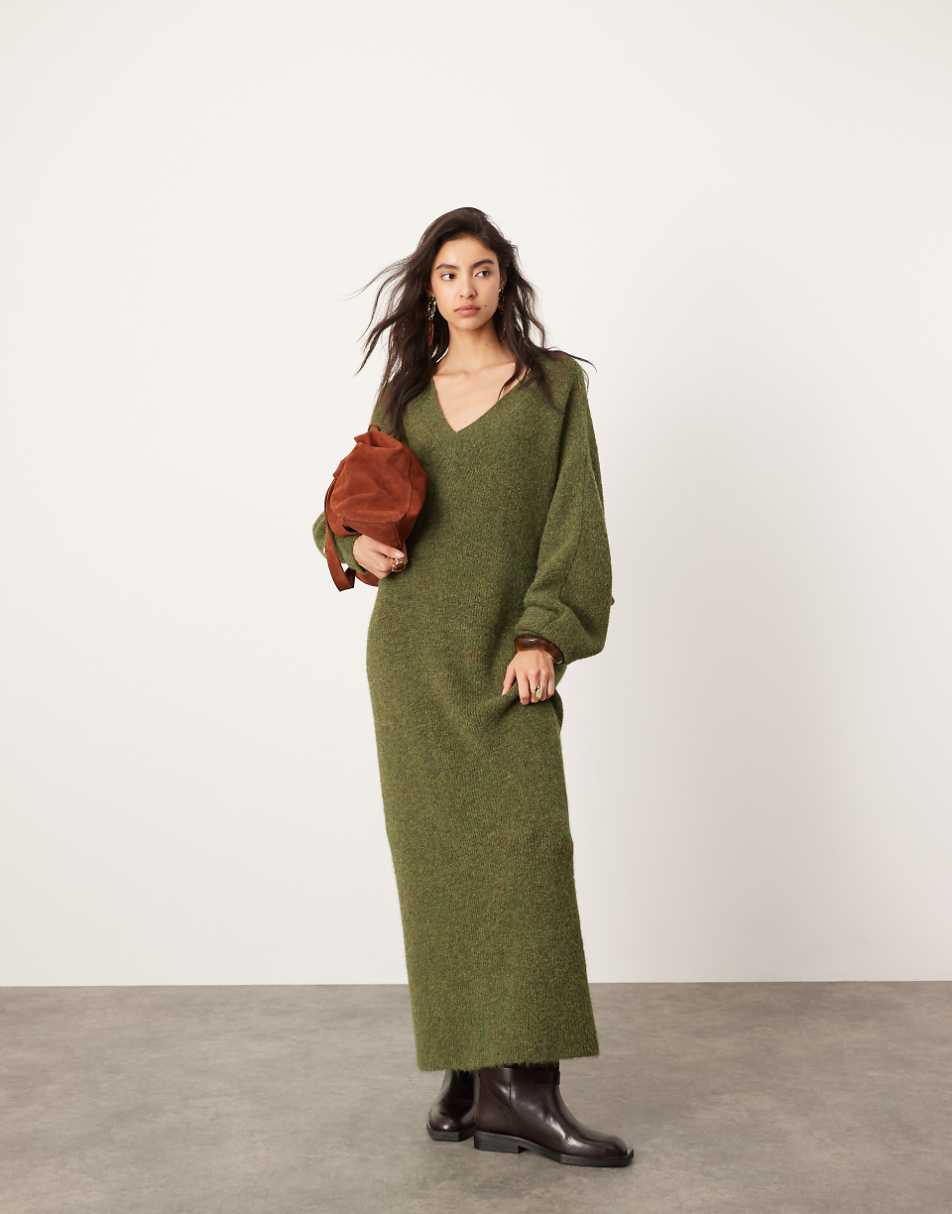 ASOS EDITION knit v neck maxi dress in khaki green