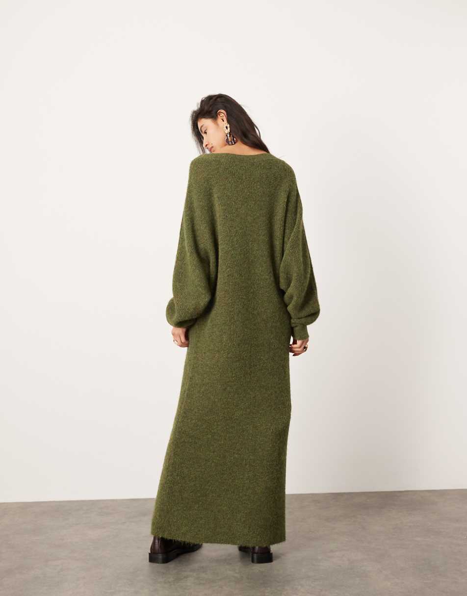 ASOS EDITION knit v neck maxi dress in khaki green