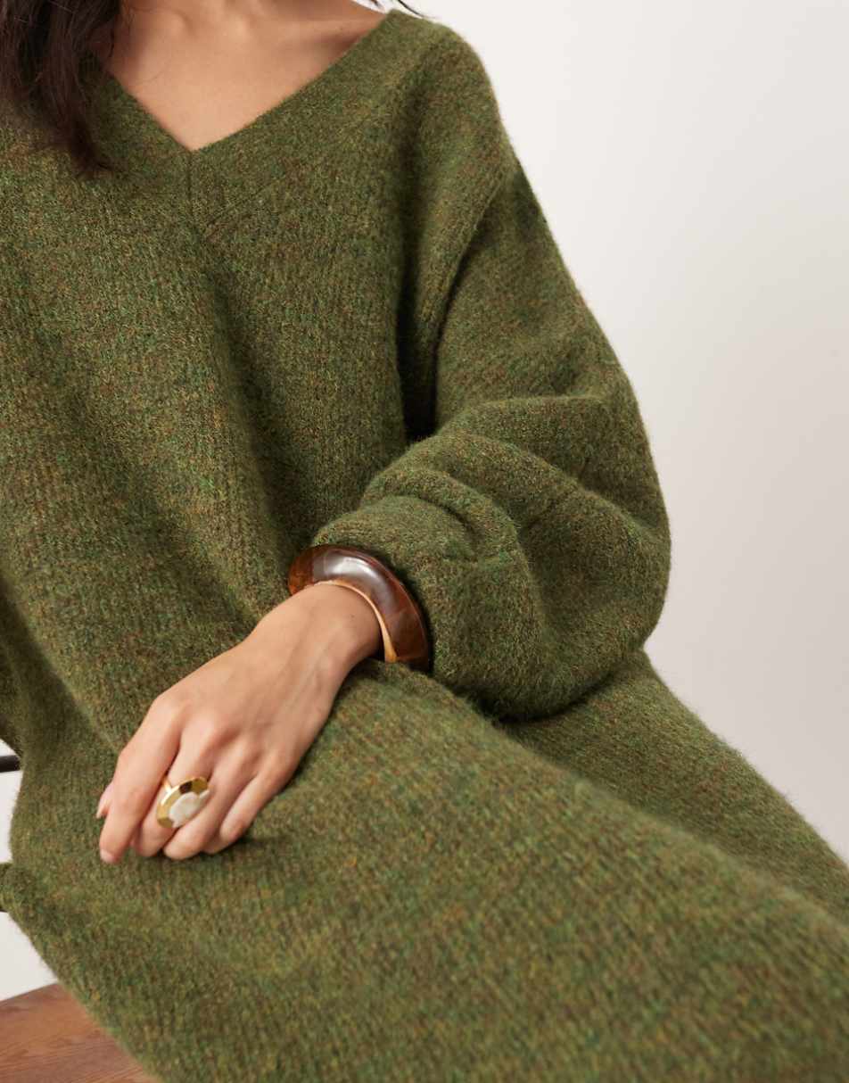 ASOS EDITION knit v neck maxi dress in khaki green