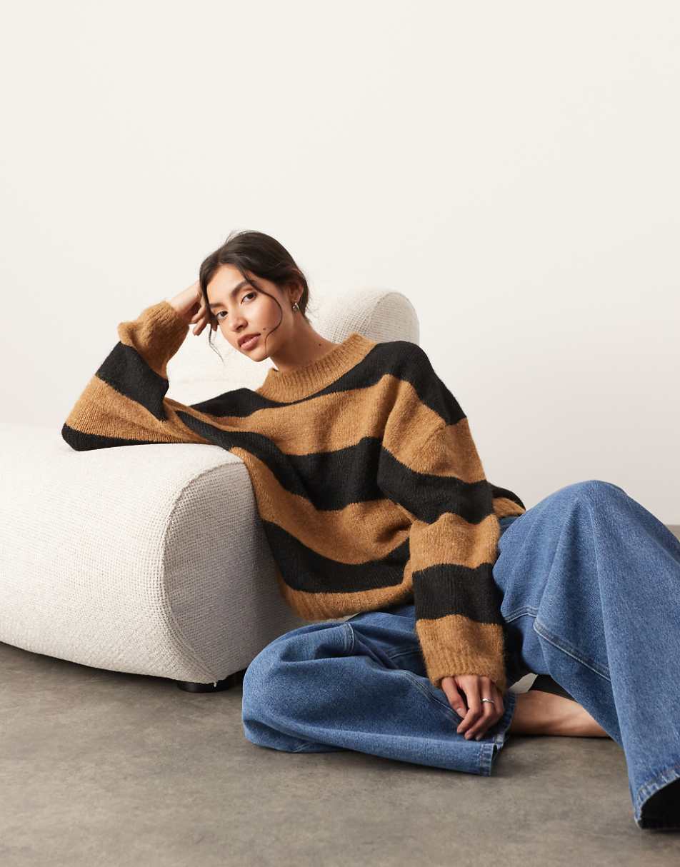 ASOS EDITION oversized crew neck knit striped sweater in camel and black