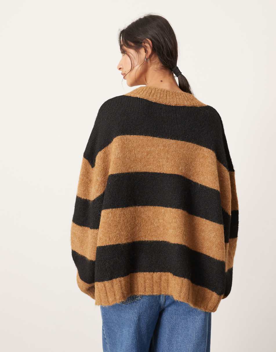 ASOS EDITION oversized crew neck knit striped sweater in camel and black